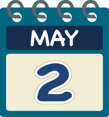 Flat icon calendar 2 of May. Date, day and month. Vector illustration . Blue teal green color banner. 2 May. 2nd of May.	