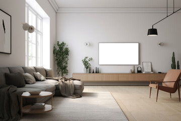Frame With Empty Space For A Photo Or Picture.Minimalist Living Room With Tv On White Wall And Simple Couch. Isolated Transparent, Png. Generative AI