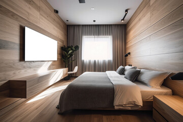 Tv Frame With An Empty Space For A Photo Or Picture. Modern Bedroom With Tv Mounted On Wooden Wall With Soft Headboard. Isolated Transparent, Png. Generative AI