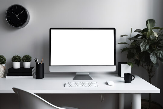 Computer Monitor With Blank Space For A Photo Or Picture. Monitor With Digital Clock As The Desktop Background In Minimalist Workspace. Isolated Transparent, Png. Generative AI