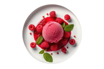 Raspberry Sorbet Vegetarian Dessert On White Background, Top View. Isolated Transparent, Png. Generative AI - obrazy, fototapety, plakaty
