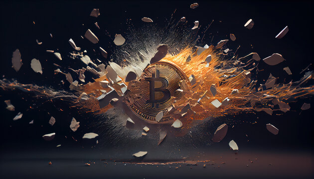 Close up of crashing bitcoin sign on a dark background.Al generated