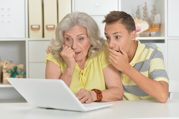 Grandmother with grandson using laptop at home