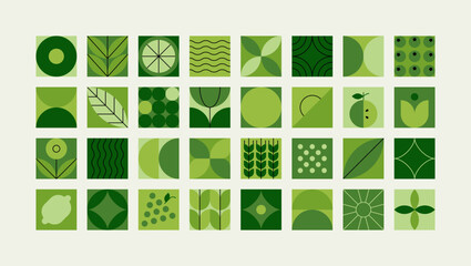 Geometric mosaic food pattern. Abstract minimal natural floral banner organic fruit plant simple shapes. Vector tile set