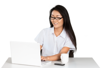 Friendly Asian Woman with Laptop and Mug - Isolated