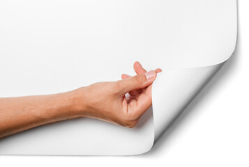 Close-up of woman hand holding paper isolated on white background