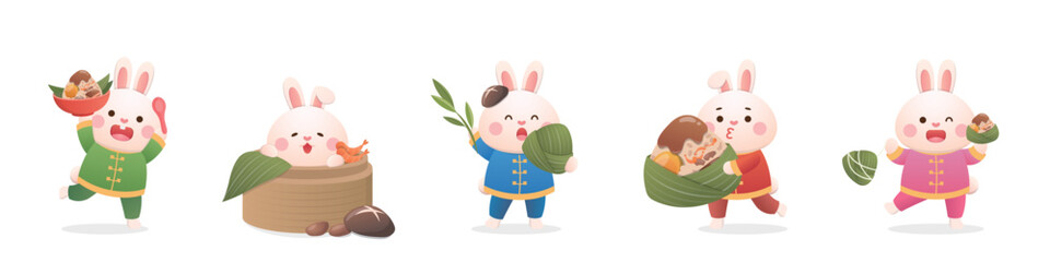 A group of playful and cute rabbits and Chinese Dragon Boat Festival traditional food Zongzi, delicious glutinous rice wrapped in bamboo leaves