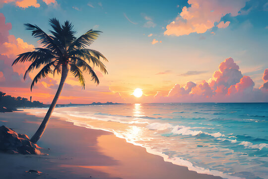 ヤシの木がある夕暮れのビーチ　夏の海　バカンス　イラスト　generative ai