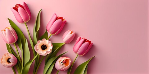Spring tulip flowers on pink background top view in flat lay style. Greeting for Womens or Mothers Day or Spring Sale Banner. Generative Ai