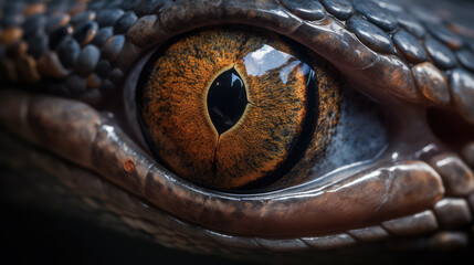 Detailes macro shot of the eye of a dragon. Generative AI.