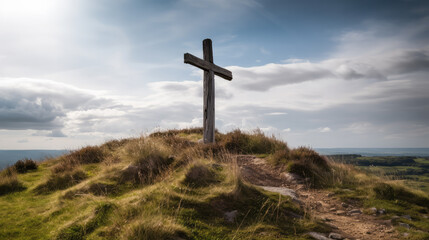 Single wooden cross standing on top of a hill in front of the sky. Generative AI.