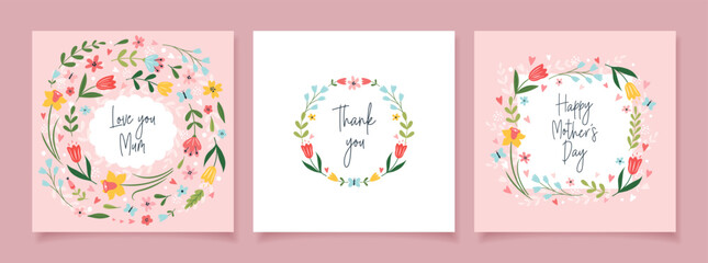 Happy Mother's Day. Set of greeting cards with flowers and handwritten lettering. Beautiful floral background. Vector template for banner, invitation, social media.