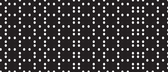 Fototapeta na wymiar White polka dot pattern on black background. Straight dot pattern for backdrop and wallpaper template. Simple classic polka dot lines with repeat stripes texture. Polka background, vector illustration