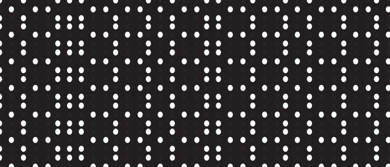 White polka dot pattern on black background. Straight dot pattern for backdrop and wallpaper template. Simple classic polka dot lines with repeat stripes texture. Polka background, vector illustration