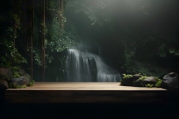 Professional photography in a jungle setting. Empty mockup podium. Scenic waterfall background. Generative AI