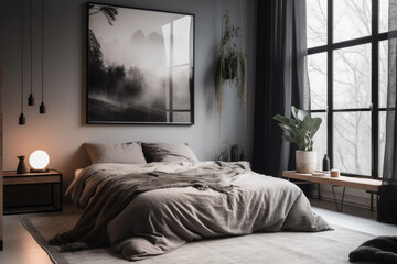 Minimalist Bedroom With Large Black And White Photo In Thin Black Frame. Generative AI