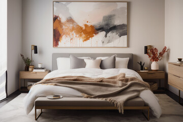 Modern Bedroom With Framed Abstract Art Print Above The Bed. Generative AI