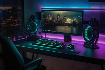 Gaming Setup With Monitor And Gaming Headset On Futuristic Desk. Generative AI