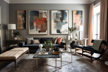 Contemporary Living Room With Gallery Wall Of Abstract Art In Sleek Silver Frames. Generative AI