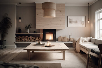 Fototapeta na wymiar Scandinavian Style Fireplace With Simple Design, Natural Materials, And Cozy Accessories. Generative AI