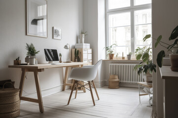 Fototapeta premium Scandinavian Style Home Office With Minimalist Desk, Comfortable Chair, And Plenty Of Natural Light. Generative AI