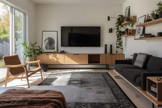 Living Room With Tv Mounted Above Floating Console With Modern Rug. Generative AI