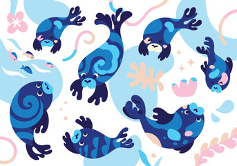 Obraz premium Seals illustration with splashes, fishes and corals in cartoon style