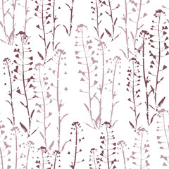 Seamless pattern with wild grasses on long stems in pink and burgundy on a white background. A natural, natural pattern with meadow grass silhouettes. Fabric design.