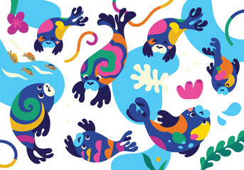 Bright seals illustration with splashes, fishes and corals in cartoon style