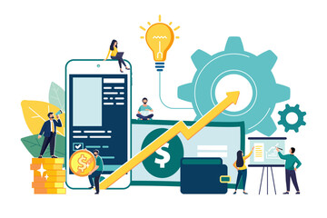 Vector illustration of virtual business assistant.On smartphone is merged all accounts, money, cards investment management.Graphic people, flat design business concept mobile assistant mobile banking