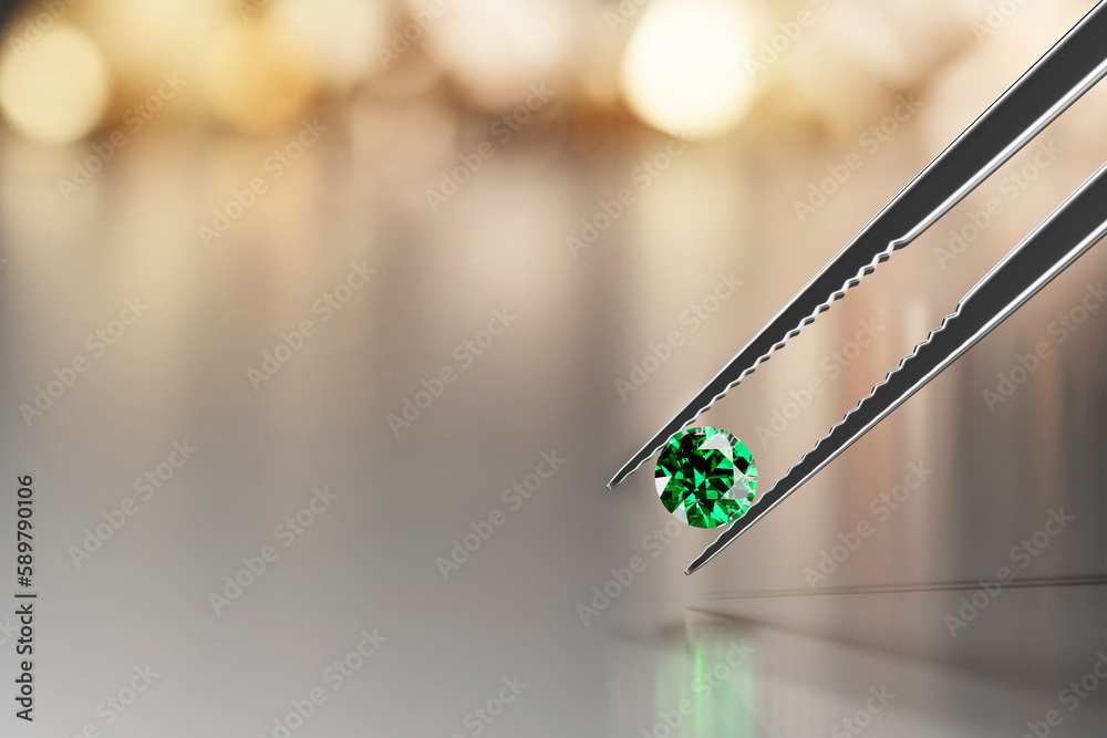 Poster green emerald crystal diamond and tweezers on a glossy background with objects soft focusing 3d rend