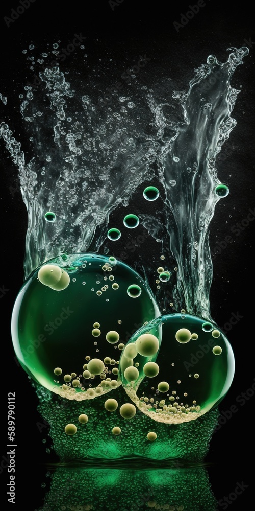 Wall mural carbonated water with air bubbles as an abstract pattern on a dark green backdrop. generative ai