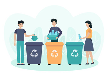 Cartoon characters of young people throwing garbage into recycling bins. Environmental protection practice. Volunteer taking care of nature. No garbage and overconsumption. Vector