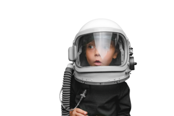 small child imagines himself to be an astronaut in an astronaut's helmet.