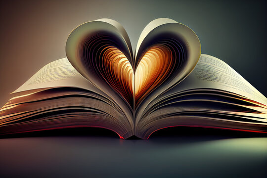 Book with opened pages of shape of heart. Generative Ai