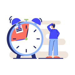 Cartoon character of young man meeting with deadlines at work. Feeling stressed and pressured by lack of time or good productivity performance. Problems with time management. Vector