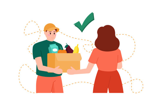 Cartoon character of courier delivering groceries for woman. Express food delivery services. Doorstep shipping to home. Modern urban lifestyle. Vector