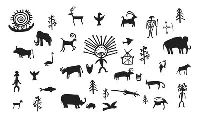 Cave painting prehistoric rock art hand drawn sketch style vector illustration. Rock age cave paintings with prehistoric wild animals, tribal people and gods.