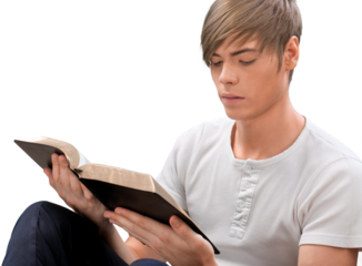Man holding old bible book on background