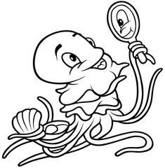 Obraz premium Drawing of a Jellyfish Holding a Pocket Mirror in a Tentacle