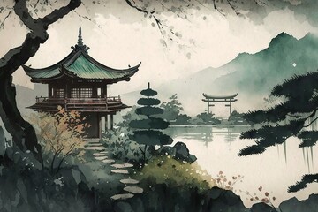 japanese landscape in watercolor with a fairy garden, ink landscape painting created digitally Generative AI