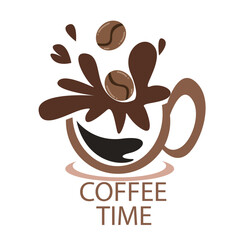 Vector illustration of a brown cup of two coffee beans with aromas of coffee and cocoa