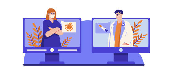 Fototapeta premium Cartoon character of woman in mask having distance communication with therapist. Process of treatment of coronavirus remotely. Getting online medical consultation. Vector