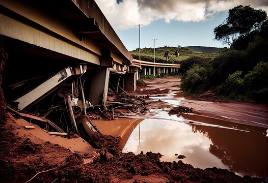 damage when M4 freeway was washed away in floods in Tongaat, Durban, KwaZulu Natal, South Africa, 21 May 2022. Generative AI