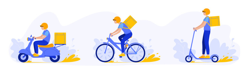 Cartoon characters of young couriers delivering parcels using different transport. Regional parcel carriers on motorbike, bike and scooter. Modern postal system. Vector