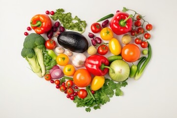 Obraz na płótnie Canvas Healthy vegetables arranged in heart shaped design on white background. Healthy food concept. Top view. Copy space. Generative ai.