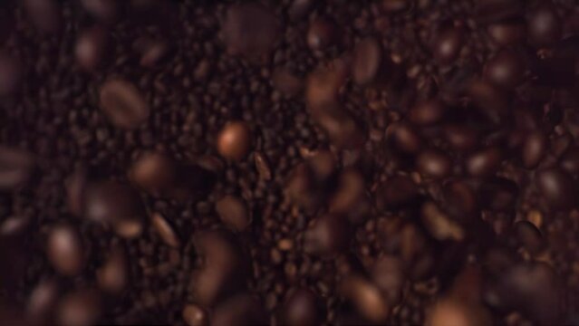 Coffee Beans Super Slow Motion Falling top down shot.
High Speed Coffee Beans flying