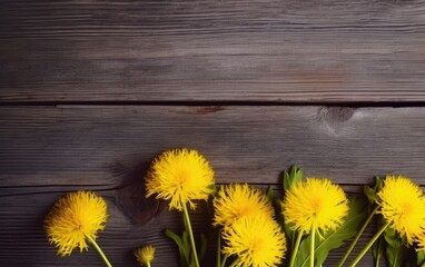 Yellow dandelions on wooden background. Top view. Generative AI