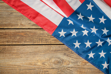USA flag on wooden background. Memorial Day celebration