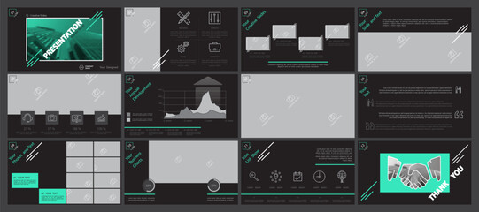 Business presentation template. Set, infographic elements, green design, black background. Flyer, office building, postcard, corporate report, powerpoint, banner. Slide show, annual report, vector